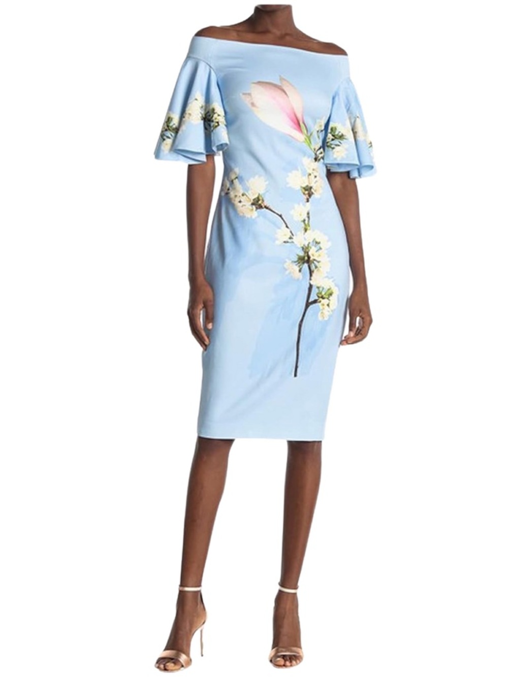 Ted Baker London Light Blue Floral Off-Shoulder Midi Dress with Pink Blossom - Picture 4 of 5